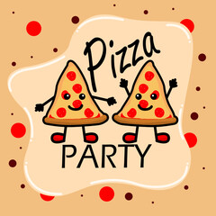 National Pizza Party Day event banner. Two slices of pizza having fun on light brown background to celebrate on May 17th
