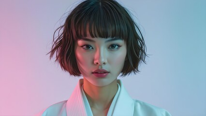 Pixie Cut Beauty: Asian Judo Athlete, Elegant Pixie Hairstyle on Asian Girl, Chic Pixie Look for Beautiful Asian Athlete, Stylish Hairdo: Asian Girl's Pixie Cut