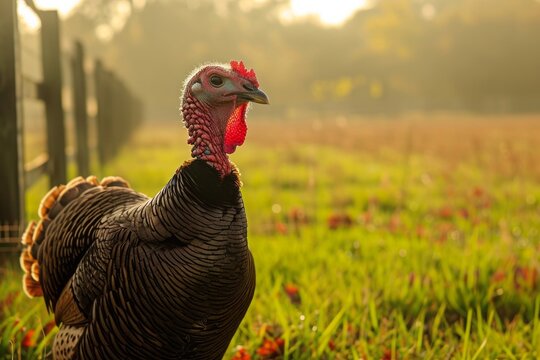 Close up portrait of a turkey on a lawn with green grass on a sunny day.
