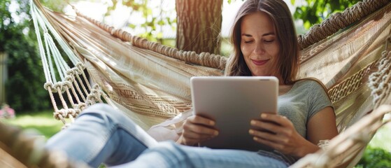 Smiling woman reading on tablet while relaxing in hammock.