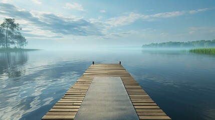 Fototapeta premium An eco-friendly bamboo yoga mat placed at the end of a wooden pier extending into a calm lake, with a gentle breeze stirring the surface of the water.