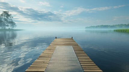An eco-friendly bamboo yoga mat placed at the end of a wooden pier extending into a calm lake, with...