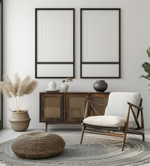 large black frames on the wall of an apartment in Scandinavian style, a chair and cabinet nearby, carpet on floor, white walls, minimalist interior design, photorealistic