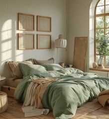 A green bed with linen bedding, three wooden frames on the wall, beige pillows and an olive colored blanket in front, wood floor and a white lampshade, a table next to the window