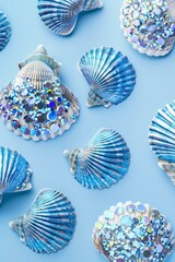 sea shells bedazzled with many blue shiny jewel crystals completely covering the shell on a pastel blue solid color background