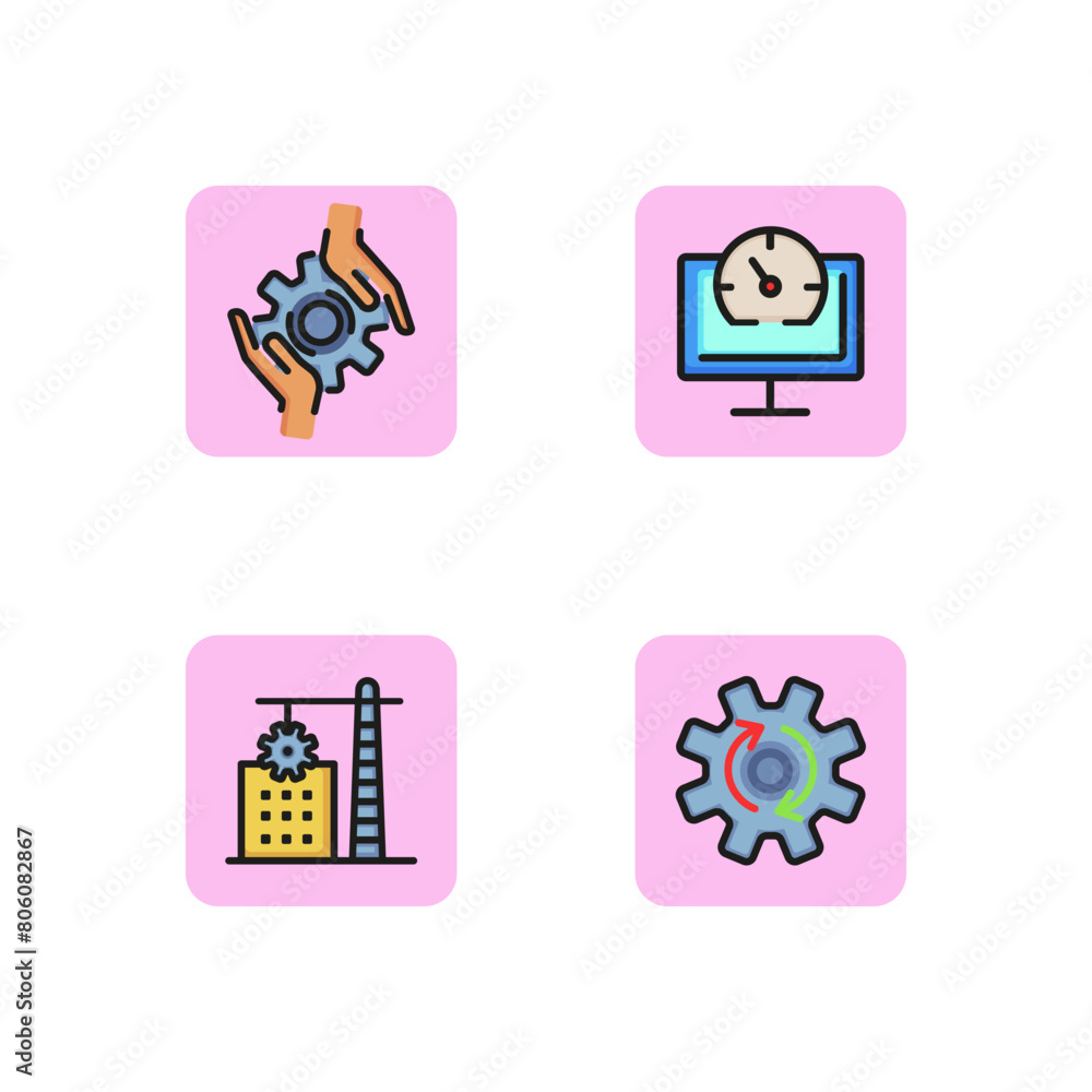 Poster developing app line icon set. syncing process, deadline, new project and teamwork symbol. technology