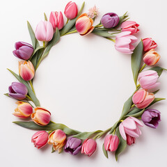Spring tulips Flowers circle framed on white background 