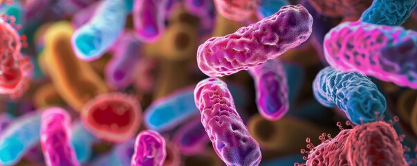 Stock image of bacteria clusters in extreme closeup, showcasing vivid textures and colors, ideal for scientific presentations and research documents