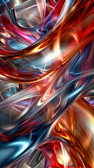 Red blue metallic abstract chrome ribbons, glossy reflective curves, twisted vibrant art background
