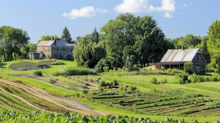 Self-Sufficiency: A wider shot showing the farmer's farmstead in the background, including a farmhouse, barn, and vegetable patches, depicting a self-sufficient lifestyle centered around farming. 