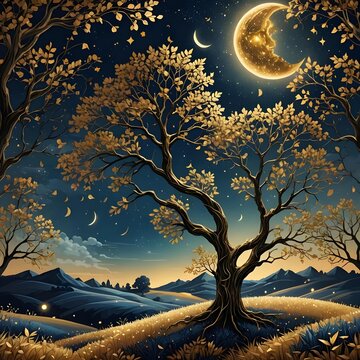 Insanely detailed illustration of a night landscape golden dream
