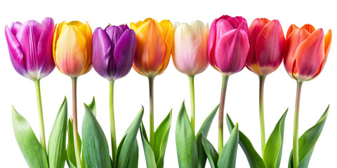 Vibrant and Stunning Row of Colorful Tulips Isolated on White Background
