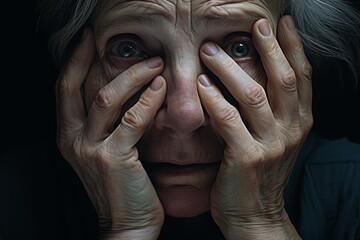 A woman with her hands on her face, looking sad
