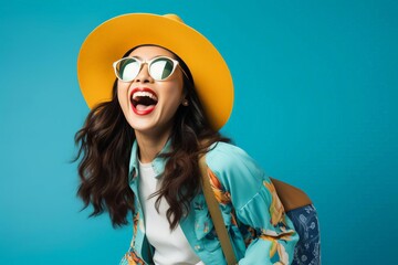 A woman wearing a yellow hat and sunglasses is smiling and laughing