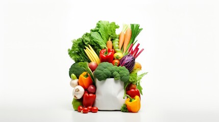 A white bag filled with a variety of vegetables including broccoli, carrots