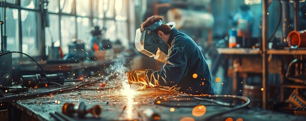 Stock photo of a welder at work in a wellequipped workshop, the welding arc brightly illuminating the metal, emphasizing the harsh conditions and expertise needed