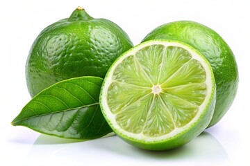 Fresh Green Lime with Cut in Half and Slices, and Leaf - High-Quality Stock Photo