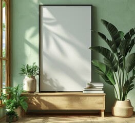 mockup of a vertical black picture frame on a wooden sideboard with a green wall background, books and plants, close up shot, minimalist interior design, studio lighting