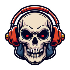 Fototapeta premium Hand drawn skull listening to music in headphones. Vintage dead head on dark color background