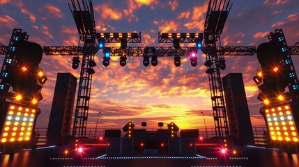 An elaborate stage setup for a summer music festival, featuring LED lights and state-of-the-art sound equipment, with a sunset sky background.