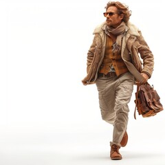 Stylish man walking with leather bag