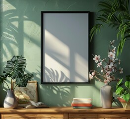 mockup of a vertical black picture frame on a wooden sideboard with a green wall background, books and plants, close up shot, minimalist interior design, studio lighting