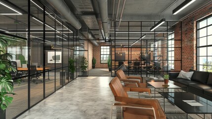 Industrial office interior with coworking and glass meeting room. Mockup wall hyper realistic 