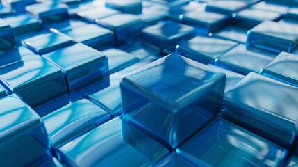 Innovative Tech Background with Perfectly Arranged Glossy Blocks. Blue, 3D Render. hyper realistic 