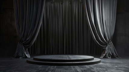 3d render of dark stage background with black curtains and podium, black curtain background with light for stage view,3d luxury podium for your product