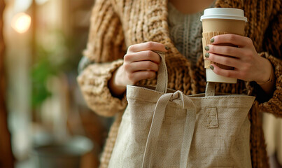 Hands adjust tote, reusable cup, eco-conscious commute