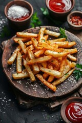 Fried French fries on a wooden plate with sauce, Generative AI,