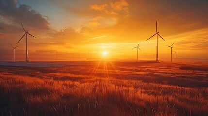 Obraz premium Sunrise illuminating a field of solar panels with wind turbines silhouetted against the orange sky, highlighting renewable energy sources as a dawn of new energy era