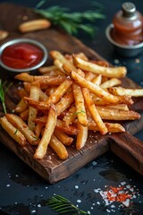 Fried French fries on a wooden plate with sauce, Generative AI,