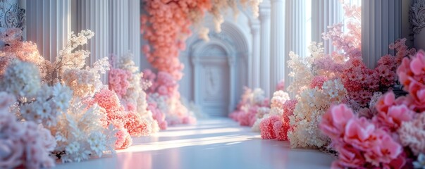 Decorations with a dominant background of pink flowers are suitable for wedding designs