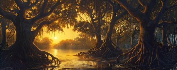 Capture the mysterious allure of a swamp in a dry land with intricate details of twisted mangroves and parched earth below, bathed in the warm glow of an evening sun