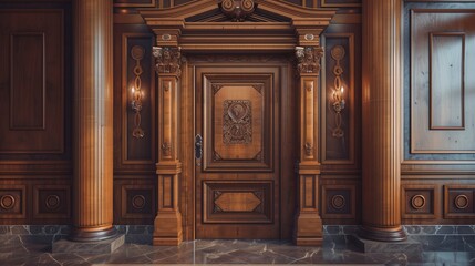Traditional wooden door with a carved architrave and decorative molding