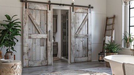 Sliding barn doors with white-washed wood panels and brushed nickel hardware