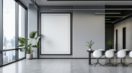 Modern office interior with empty poster on wall, contemporary furniture and clean design, concept...