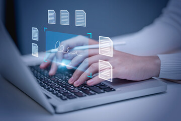 E-document in business transactions as a businessman efficiently signs digital smart contracts...