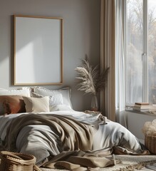 A realistic mockup of an empty frame on the wall above the bed in the bedroom, with a window side view. The interior design has a Scandinavian style with a cozy atmosphere and natural light