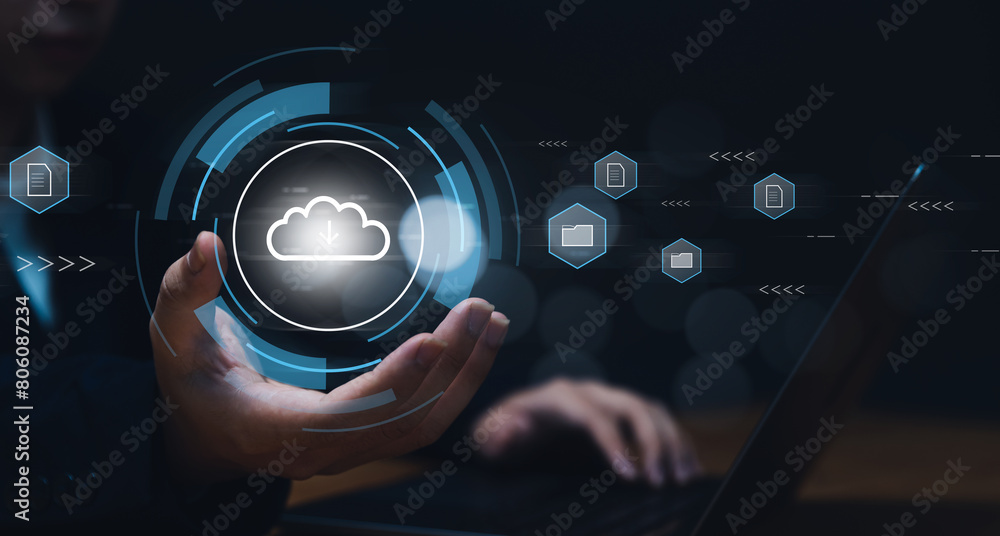 Poster businessman online internet cloud storage sharing data transferring information with others, sharing