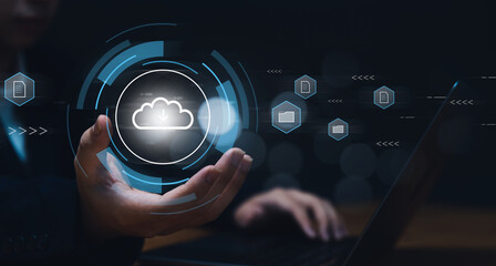 Businessman online internet cloud storage sharing data transferring information with others, sharing files and documents using a tablet device to store data safety online information computer system.