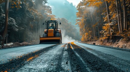 The process of asphalt a new road with a roller through the forest. AI generated image - obrazy, fototapety, plakaty