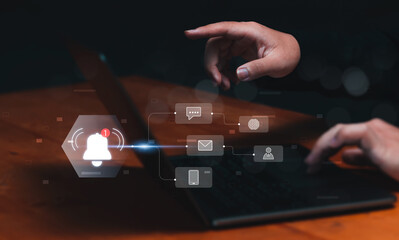 Notification bell alert of application from business communication connectivity concept for digital with email and marketing notifications. Businessman using laptop internet technology.