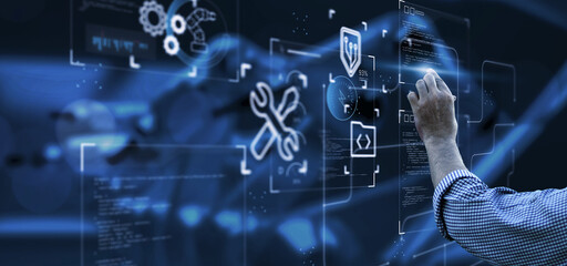 Software engineering designing programming code application softwares development using AI digital artificial intelligence, computer internet technology industry graphical icon, banner background.