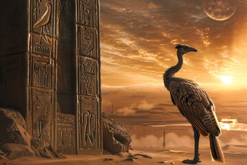 A digital painting of a strange bird standing in front of an ancient Egyptian obelisk