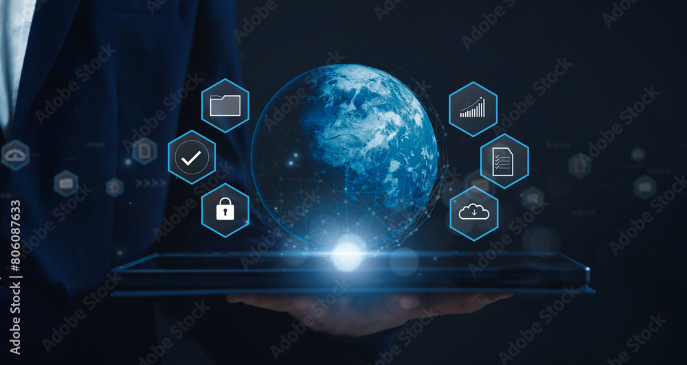 Poster businessman using tablet with virtual world global internet connection, online sharing information d