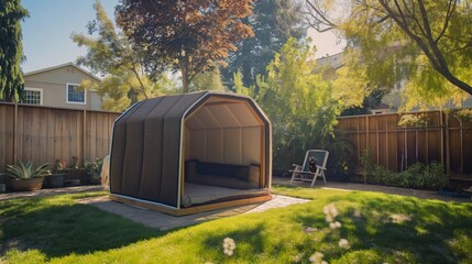 An insulated pet shelter made from eco-friendly materials, designed to keep the interior cool, placed in a sunny backyard.