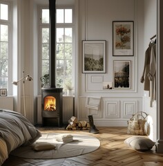 A black modern wood stove sits in the corner of an elegant bedroom with white walls, parquet floor and posters on one wall. Hangers are hung around, creating a cozy atmosphere