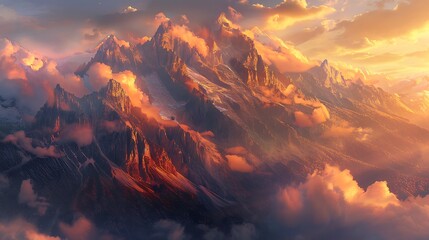 A breathtaking mountain landscape with jagged peaks and dramatic clouds, bathed in golden sunlight,...